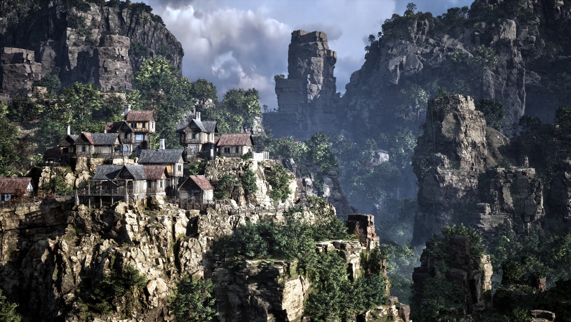 Das epische Dorf in einem felsigen Waldlandschaft