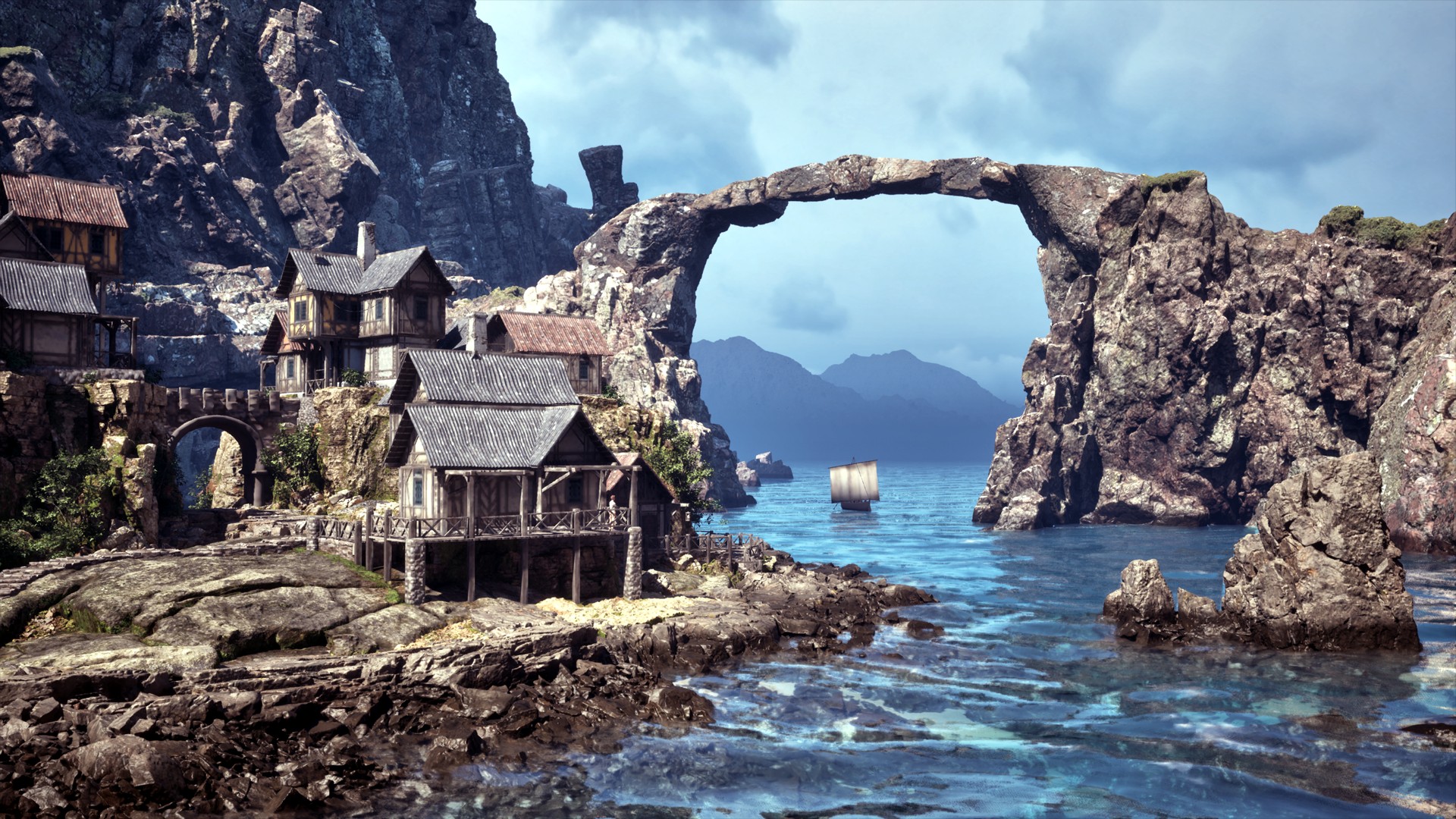 Das epische Dorf in einem Fjord