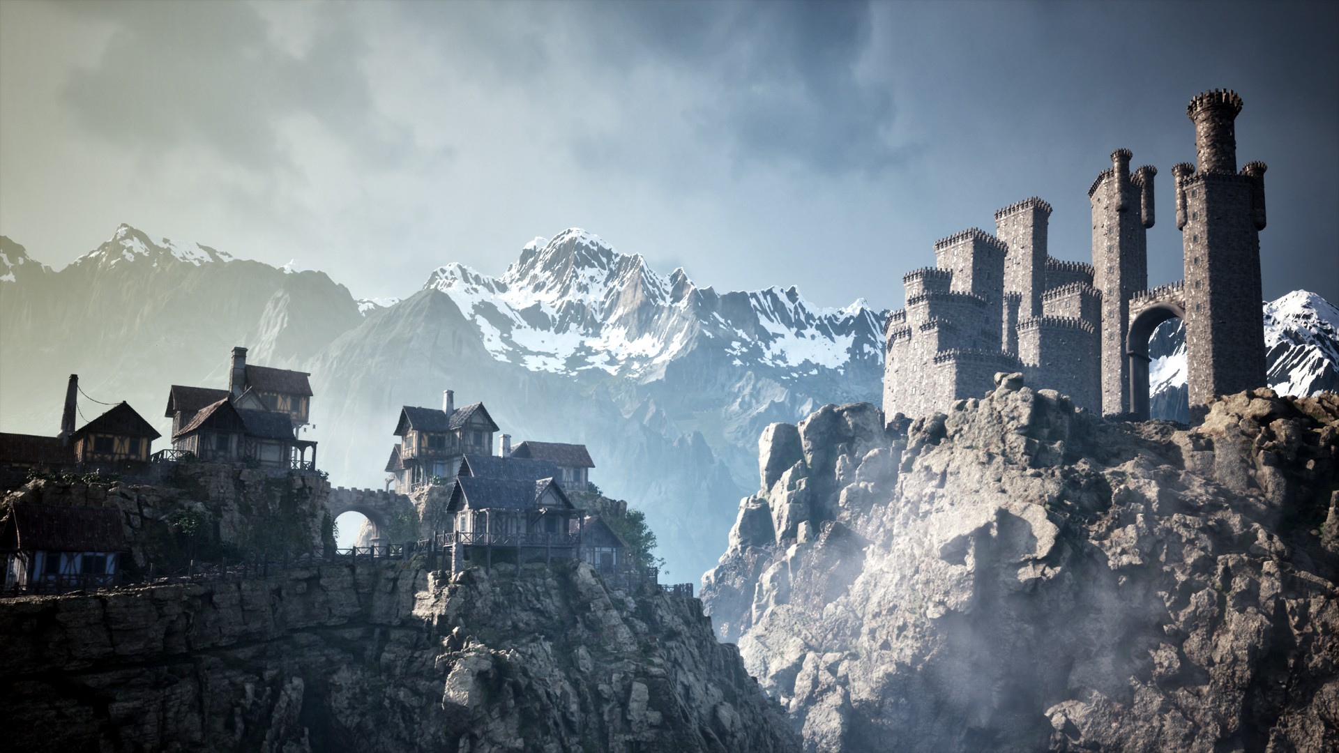 Das epische Dorf neben einer Burg