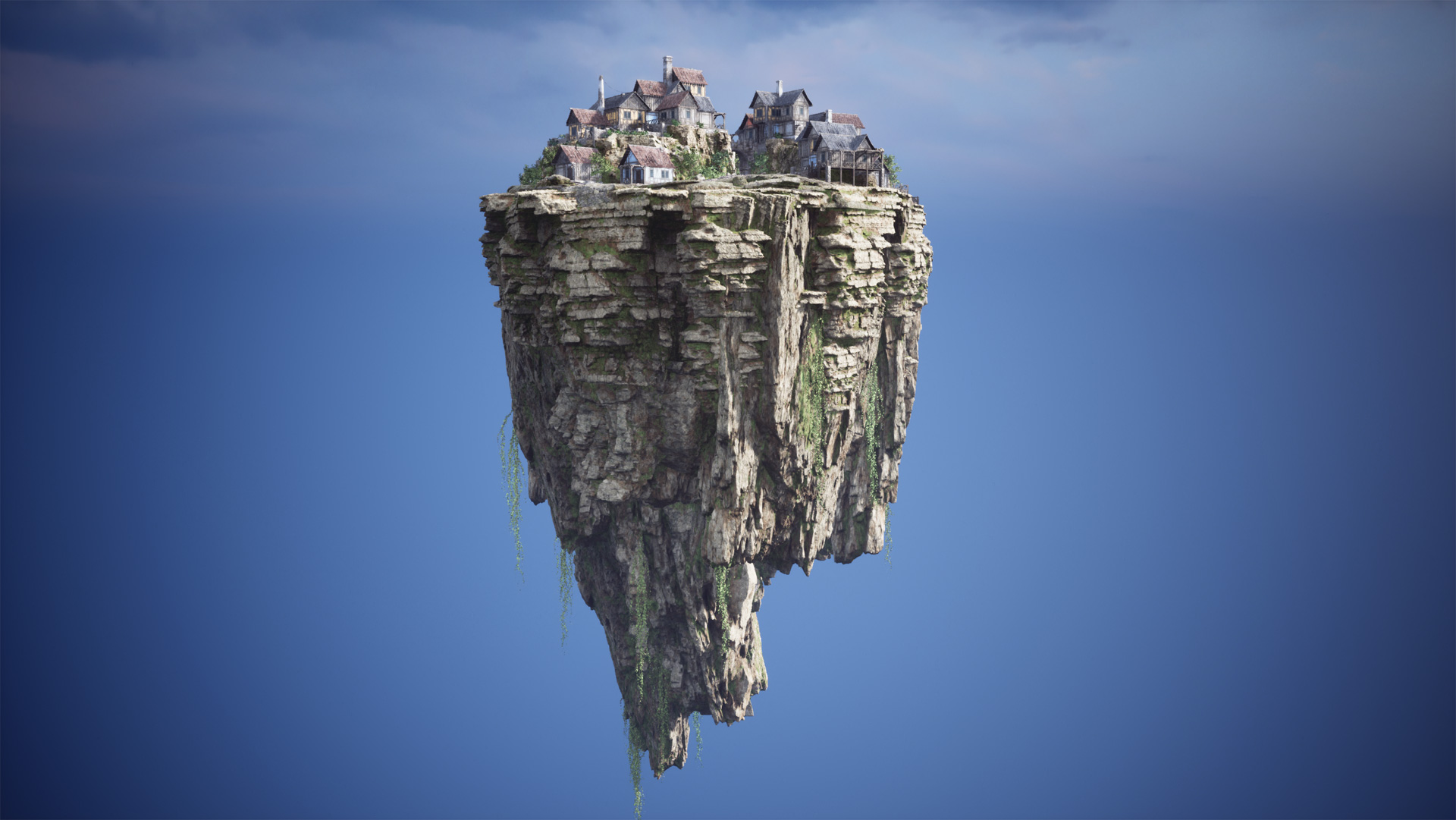 Das epische Dorf auf einer schwebenden Insel